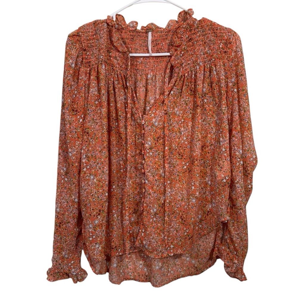 Free People Peach Split Neckline Long Sleeve Floral Blouse
